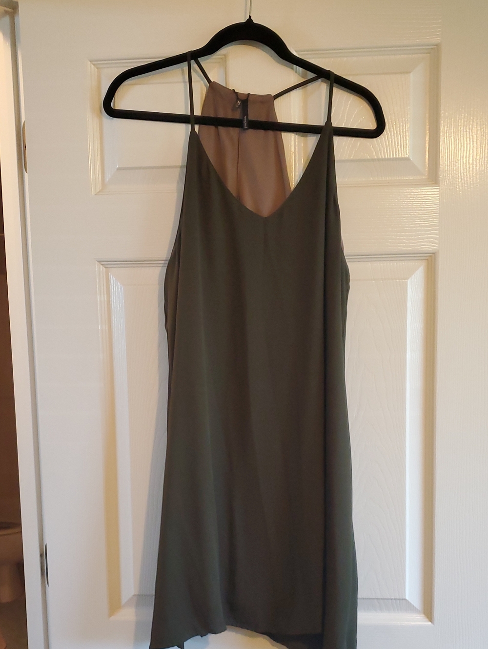 Tempted Olive Green Slip Mini Dress with Tan Back Panel
